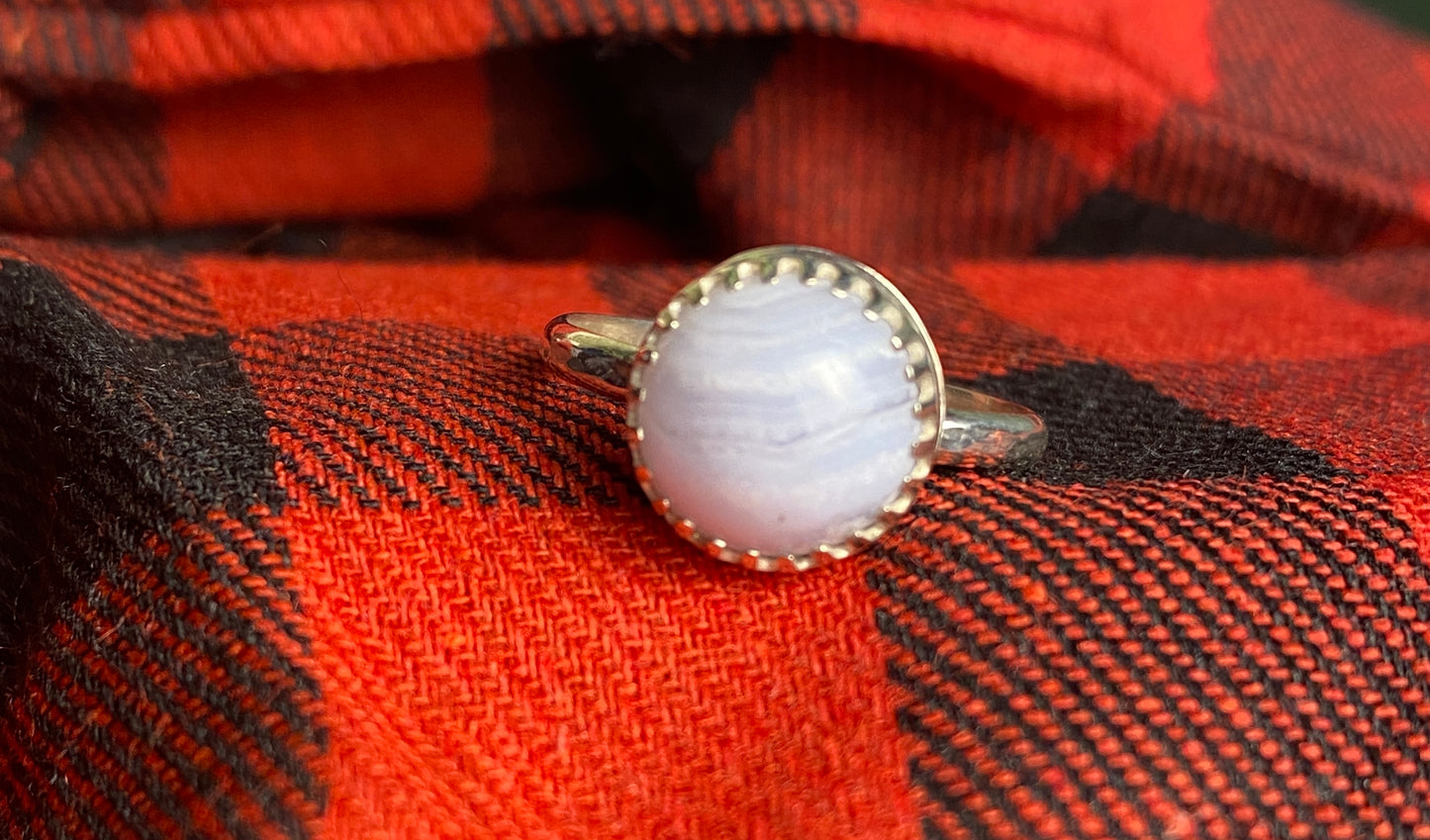 Sterling Silver and Blue Lace Agate Ring size 7 with a lightly hammered textured band