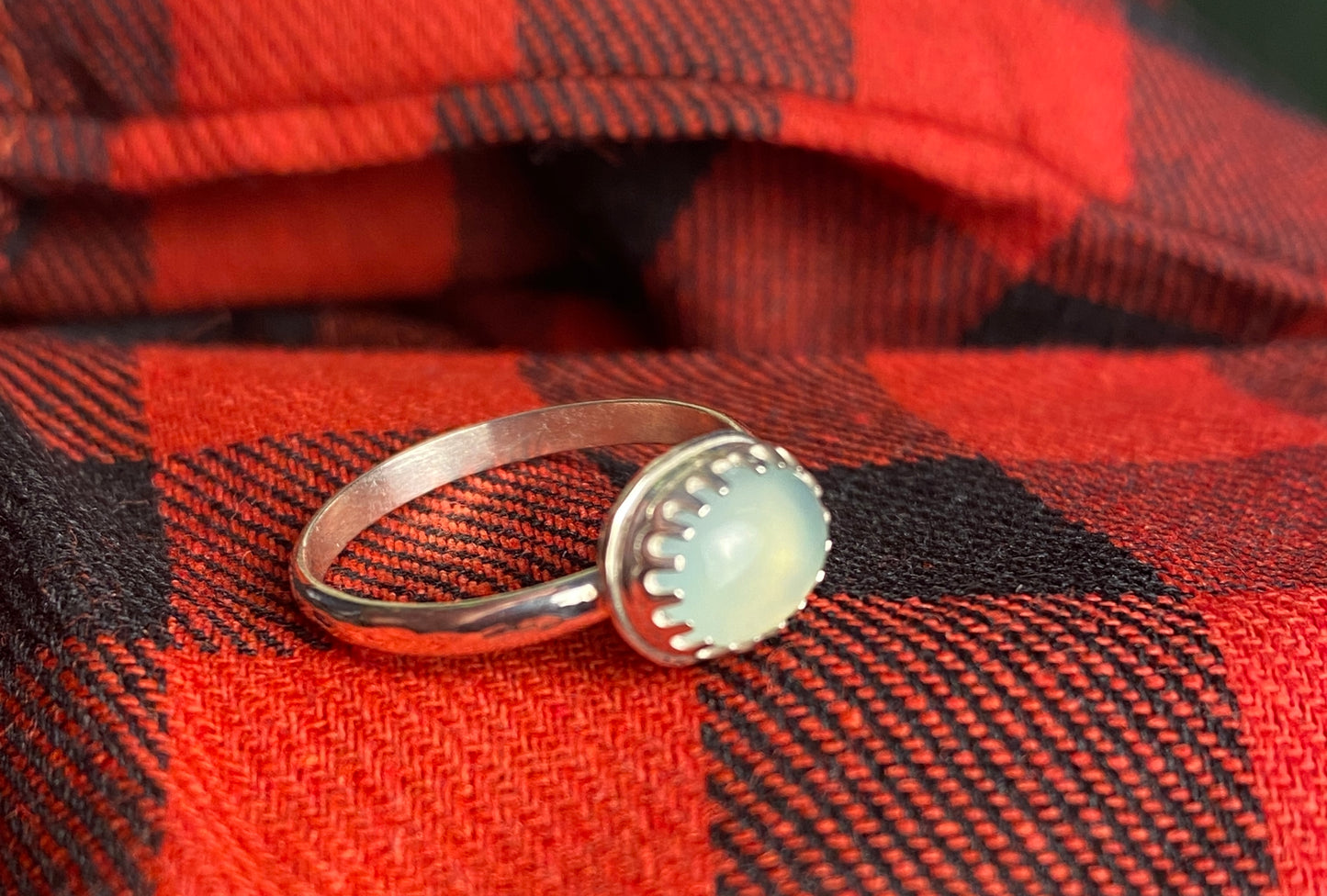 Sterling Silver and Chalcedony Stacker Ring size 7 1/2 with a lightly hammered textured band